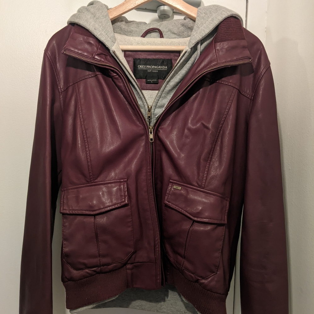 Obey faux-leather hoodie jacket